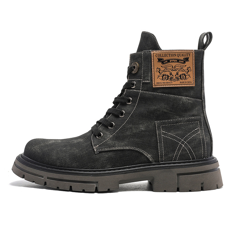 2024 Új Őszi Koreai Stílusú Édes és Laza Retro Stílusú Vastag Sarkú Kerek Orrú Elülső Fűzős Férfi Középvádlású Farmer Martin Csizma