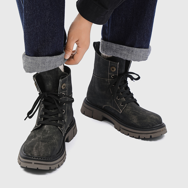 2024 Új Őszi Koreai Stílusú Édes és Laza Retro Stílusú Vastag Sarkú Kerek Orrú Elülső Fűzős Férfi Középvádlású Farmer Martin Csizma