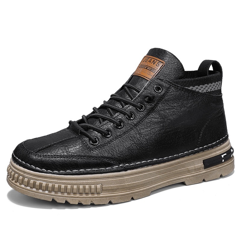 Férfi cipők tavaszi alkalmi bőr cipők 2025 új alkalmi sokoldalú csizmák fekete brit stílusú vízálló kerek orrú tornacipők