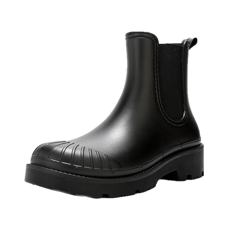 Tarptautiniai madingi moteriški lietaus bateliai „Chelsea“ korėjietiško stiliaus storapadžiai guminiai batai, pagaminti iš aplinkai nekenksmingos medžiagos, universalūs, vandeniui atsparūs darbo batai moterims.