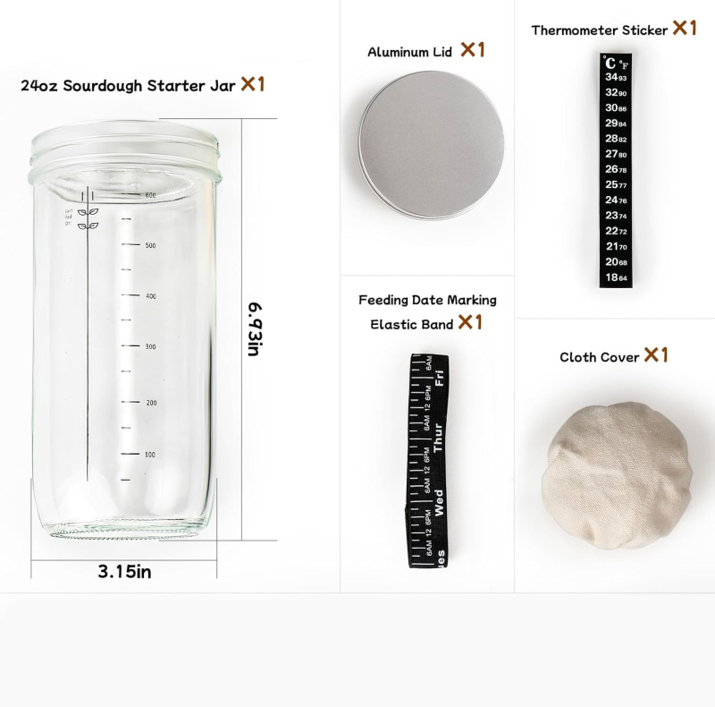 Piiriülene kuum müük 24oz juuretisega leib kääritatud klaaspurk kääritatud tainast leivaküpsetustarvete termomeeter kaanega