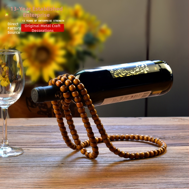 Elegáns, kreatív, fagyöngyös vörösbortartó, kínai vintage, tömörfa gyöngyökből készült láncos kézműves díszek, asztali bortartó dekoráció