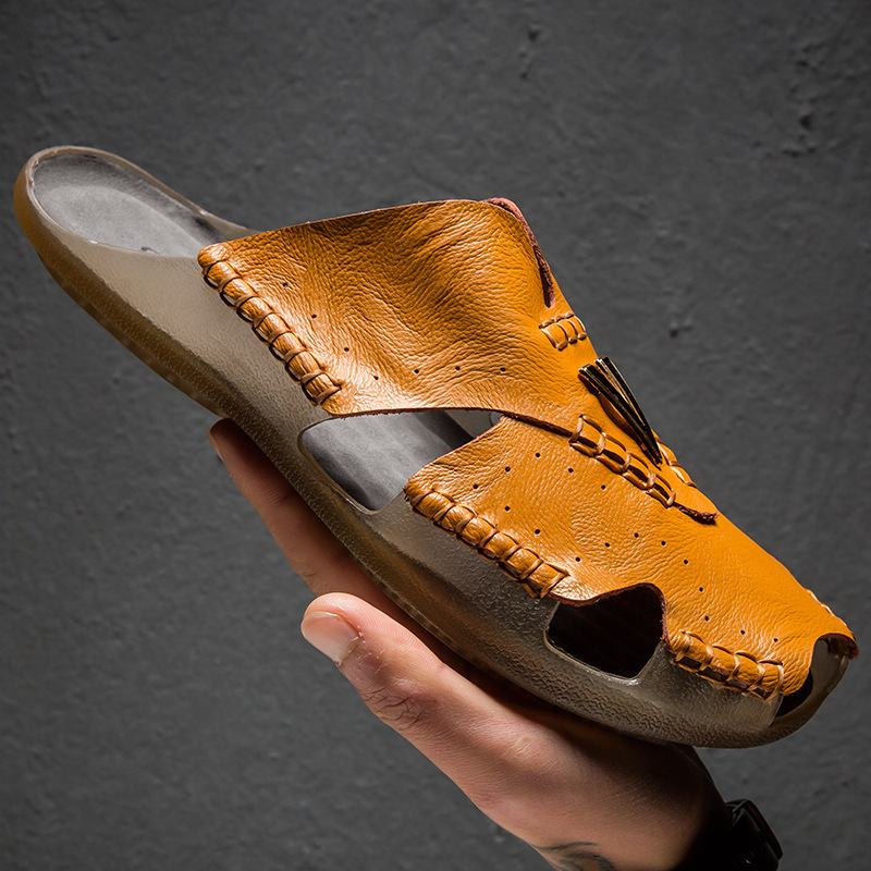 Külkereskedelmi export Olaszországba, eredeti rendelés, kiárusítás, nyári valódi bőr papucsok férfiaknak, divatos és trendi, nyitott orrú szandálok kültéri viseletre, nagy méret