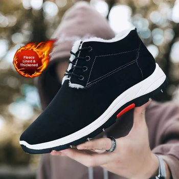 Férfi téli pamutcipő polár béléssel, vastagított a meleg érdekében, hétköznapi, magas szárú, csúszásgátló, egyszínű, puha talpú hótaposó