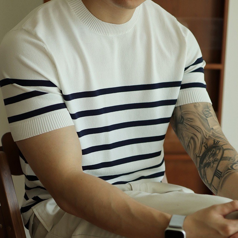 Tricou ușor cu mânecă scurtă, tricotat cu dungi, stil matur, retro, casual, de afaceri, primăvară și vară, tricou cu mânecă jumătate