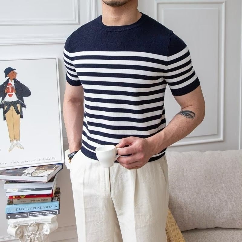 Tricou ușor cu mânecă scurtă, tricotat cu dungi, stil matur, retro, casual, de afaceri, primăvară și vară, tricou cu mânecă jumătate