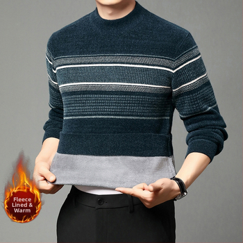 Ferret bársony pulóver férfi téli polár bélésű meleg kötött pulóver középkorú hétköznapi fél garbó csíkos apuka felső