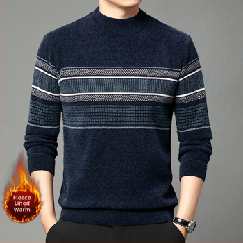 Мъжки зимен кадифен пуловер с полар, топъл плетен пуловер за средна възраст, ежедневен, с полу-водолазка и райета, тип „татко“