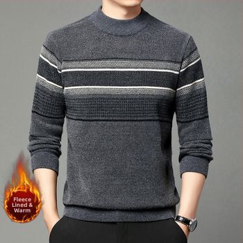 Мъжки зимен кадифен пуловер с полар, топъл плетен пуловер за средна възраст, ежедневен, с полу-водолазка и райета, тип „татко“