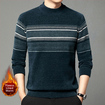 Мъжки зимен кадифен пуловер с полар, топъл плетен пуловер за средна възраст, ежедневен, с полу-водолазка и райета, тип „татко“