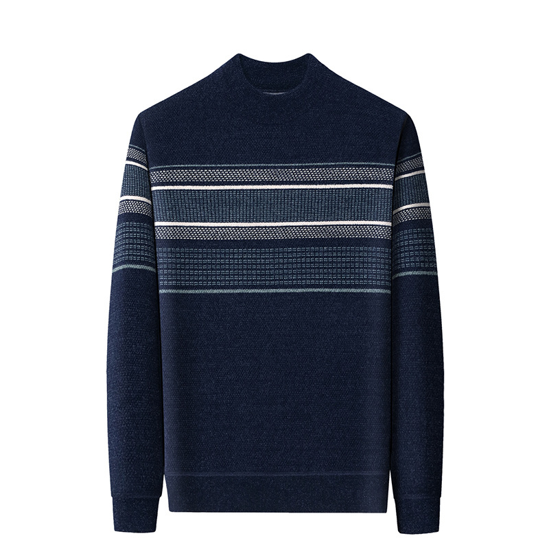 Ferret bársony pulóver férfi téli polár bélésű meleg kötött pulóver középkorú hétköznapi fél garbó csíkos apuka felső