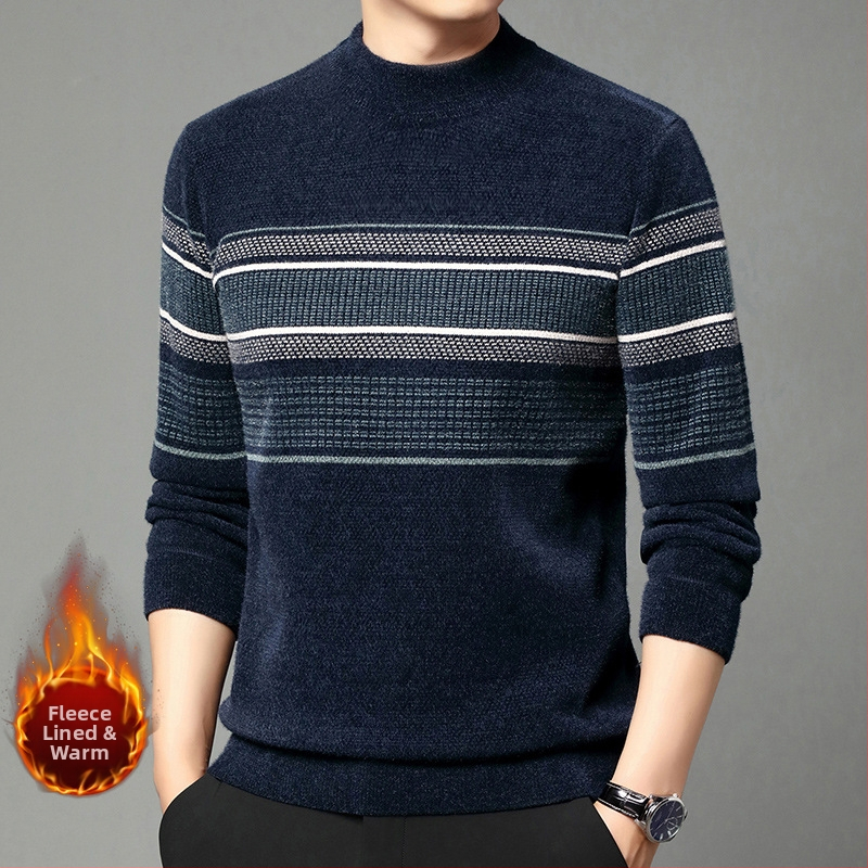 Ferret bársony pulóver férfi téli polár bélésű meleg kötött pulóver középkorú hétköznapi fél garbó csíkos apuka felső