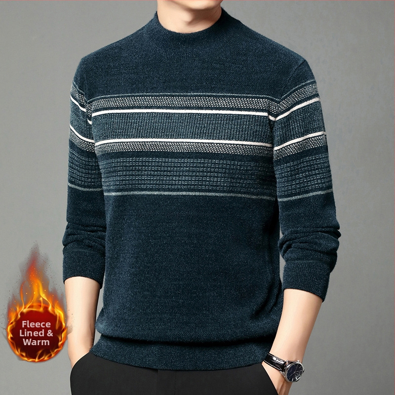 Ferret bársony pulóver férfi téli polár bélésű meleg kötött pulóver középkorú hétköznapi fél garbó csíkos apuka felső