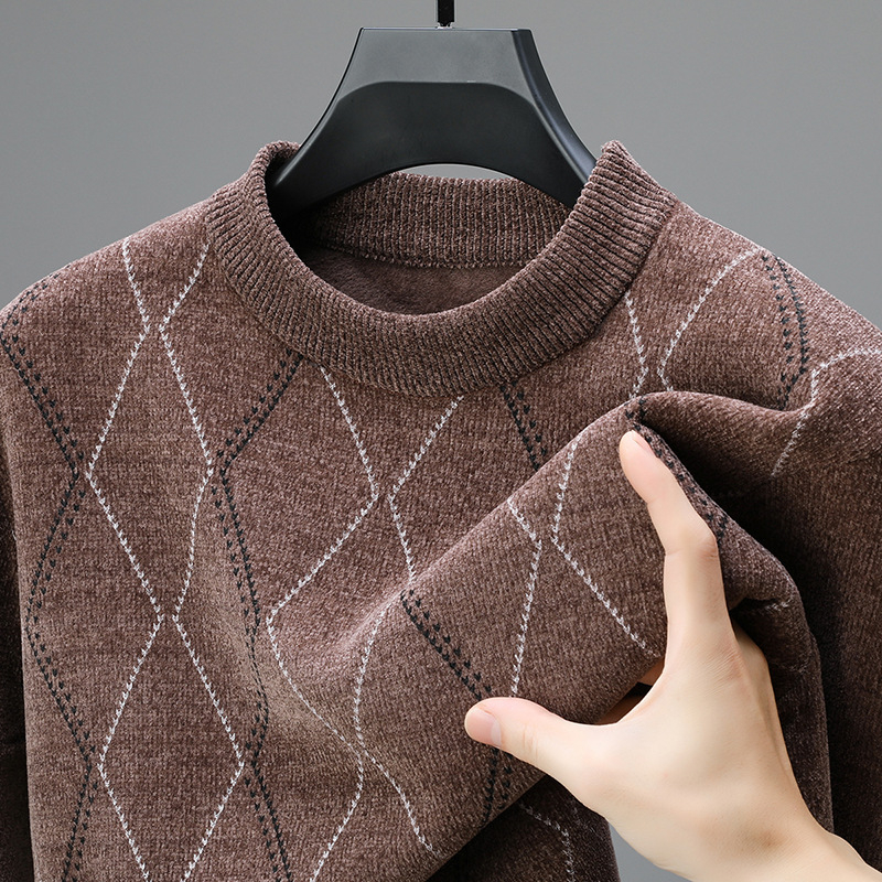 2024 Ősz/Tél Új Férfi Pulóver Középkorúaknak és Időseknek Divat Szabadidős Meleg Vastagított Polárbélésű Kötött Ing Alappal