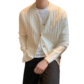 Британски стил, плътен цвят, тънък текстуриран тънък кардиган, плетен, модерен, прост, модерен мъжки раиран пуловер с V-образно деколте, малко палто