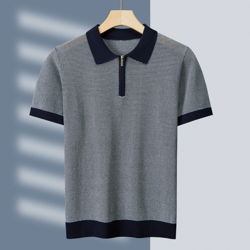 Tehan zīmola vīriešu augstas klases krekls vasarai, jauns svītrains atloks, biznesa ikdienas trikotāža, īsroku tops Mei Qu