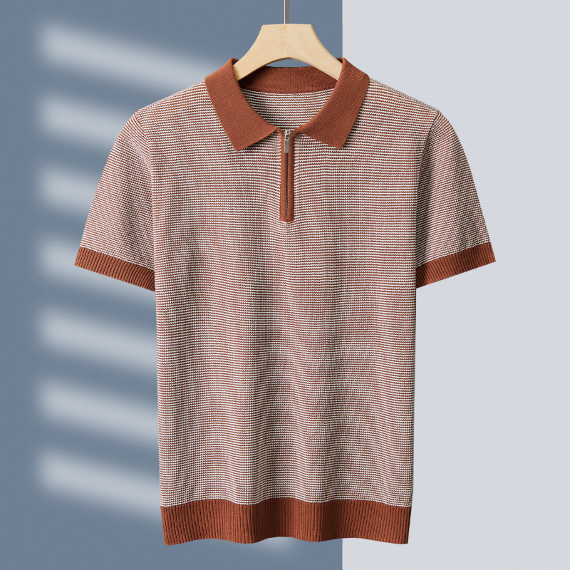 Tehan zīmola vīriešu augstas klases krekls vasarai, jauns svītrains atloks, biznesa ikdienas trikotāža, īsroku tops Mei Qu