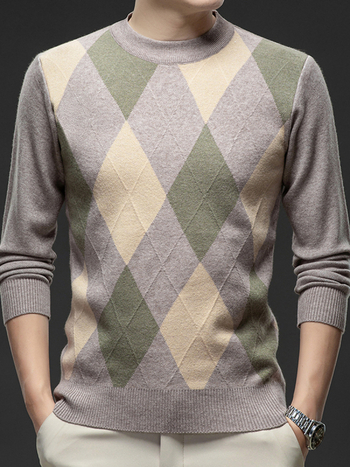 Мъжки ромбичен пуловер за средна възраст, удебелен топъл есенен и зимен свободен ежедневен пуловер, базова риза за татко
