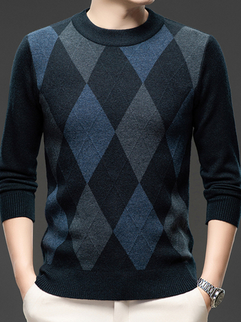 Мъжки ромбичен пуловер за средна възраст, удебелен топъл есенен и зимен свободен ежедневен пуловер, базова риза за татко