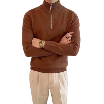 Нов мъжки едноцветен пуловер с полу-висока яка, удебелен, дълъг ръкав, ежедневен зимен пуловер с цип