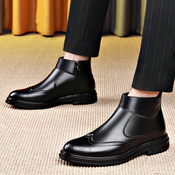 Cizme de piele Chelsea de afaceri, cizme cu fermoar lateral ascuțit, Brogue sculptate, ghete la gleznă, la modă, cizme all-match pentru bărbați