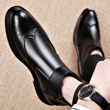 Cizme de piele Chelsea de afaceri, cizme cu fermoar lateral ascuțit, Brogue sculptate, ghete la gleznă, la modă, cizme all-match pentru bărbați