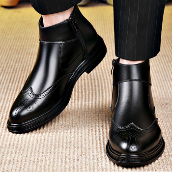 Cizme de piele Chelsea de afaceri, cizme cu fermoar lateral ascuțit, Brogue sculptate, ghete la gleznă, la modă, cizme all-match pentru bărbați
