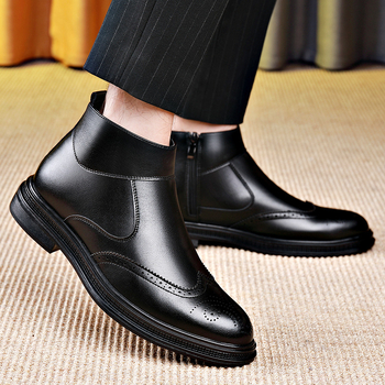 Cizme de piele Chelsea de afaceri, cizme cu fermoar lateral ascuțit, Brogue sculptate, ghete la gleznă, la modă, cizme all-match pentru bărbați
