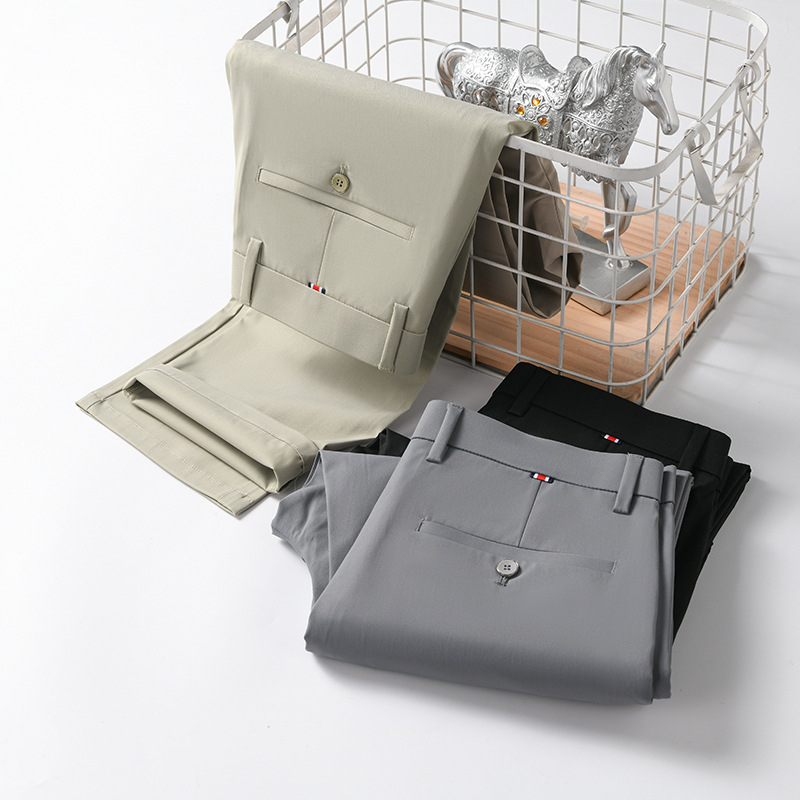 Pantaloni sport bărbați de mătase gheață pantaloni sport casual subțiri de vară pantaloni de costum de afaceri drepți, elastici, negri, lungi