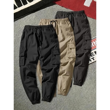 3 db-os férfi egyszínű cargo nadrág, nem rugalmas, normál szabású