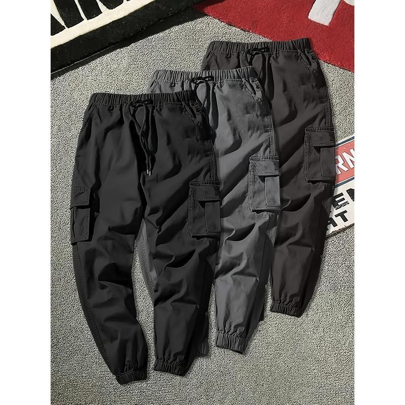 3 db-os férfi egyszínű cargo nadrág, nem rugalmas, normál szabású