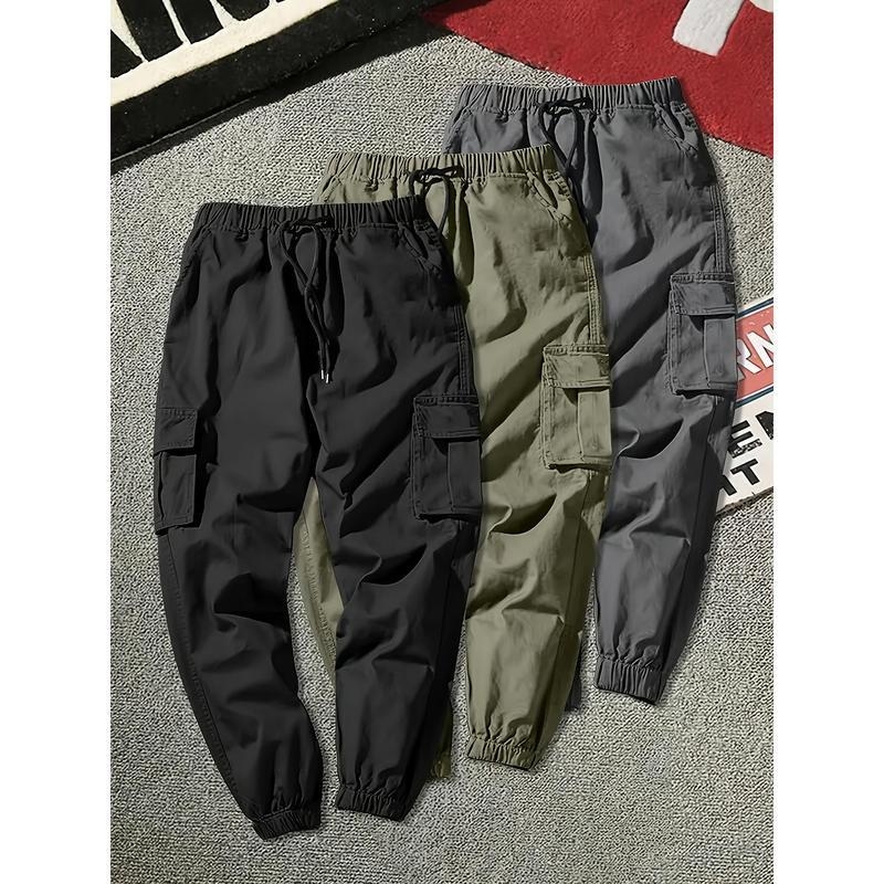 3 db-os férfi egyszínű cargo nadrág, nem rugalmas, normál szabású