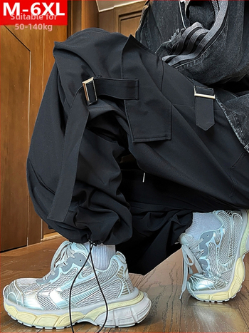 Tavaszi és őszi divatos hongkongi stílusú férfi divatos patchwork nadrág zsebes overállal, pufók, nagy méretű, plusz vastag, laza sportnadrág