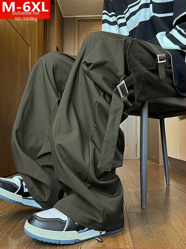 Jarné a jesenné trendy hongkonský štýl pánskej módy patchworkové nohavice s vreckovými overalmi, bacuľaté veľké veľkosti a tučné voľné športové ležérne nohavice