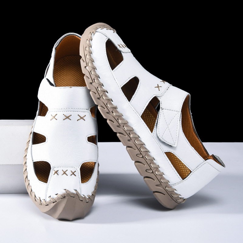 Férfi alkalmi, kézzel varrott, határokon átnyúló, nagy méretű, nyári strandszandálok, 2025-ös divatos, szabadtéri férfi cipők, tépőzáras