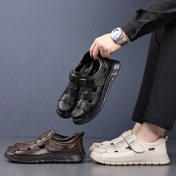 Férfi szabadtéri strandszandál, első rétegű marhabőr, kézzel varrott perforált klumpa, zárt orrú, hétköznapi autós cipő