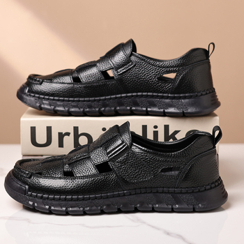 Férfi szabadtéri strandszandál, első rétegű marhabőr, kézzel varrott perforált klumpa, zárt orrú, hétköznapi autós cipő