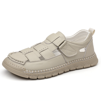 Férfi szabadtéri strandszandál, első rétegű marhabőr, kézzel varrott perforált klumpa, zárt orrú, hétköznapi autós cipő