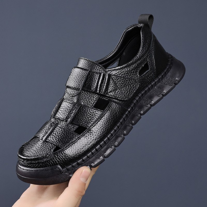 Férfi szabadtéri strandszandál, első rétegű marhabőr, kézzel varrott perforált klumpa, zárt orrú, hétköznapi autós cipő