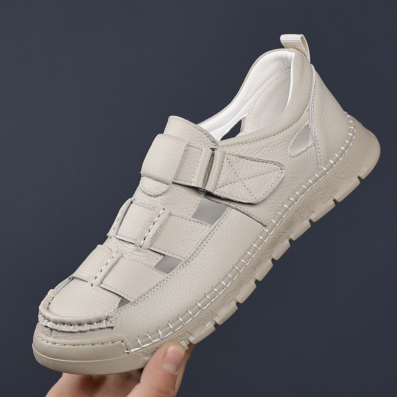 Férfi szabadtéri strandszandál, első rétegű marhabőr, kézzel varrott perforált klumpa, zárt orrú, hétköznapi autós cipő