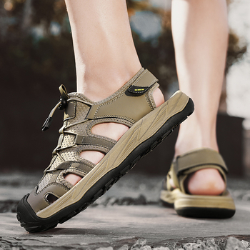 Εκπτώσεις Ανδρικά Καλοκαιρινά Δερμάτινα Σανδάλια Casual Αντιολισθητικά Παπούτσια Παραλίας με Κλειστά Δάχτυλα και Μαλακή Σόλα