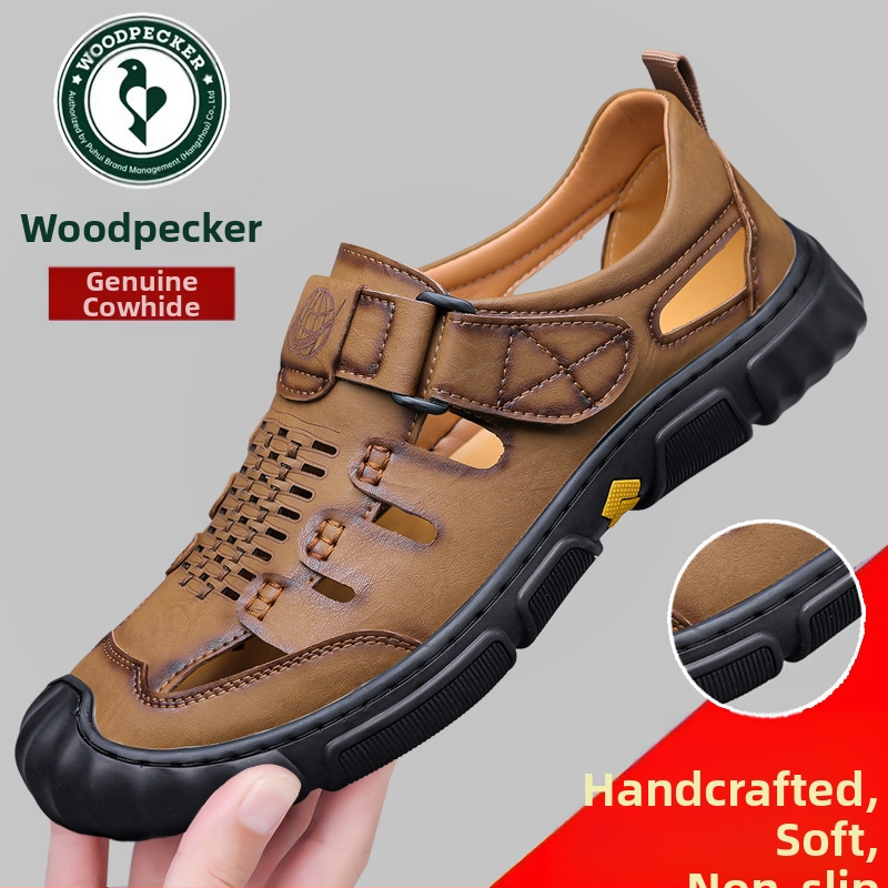 Harkály szandál férfi nyári új valódi bőr üreges lyukú cipő férfi szabadtéri alkalmi bőr cipő puha talpú férfi cipők