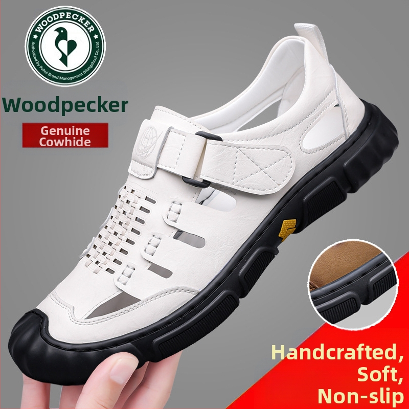 Harkály szandál férfi nyári új valódi bőr üreges lyukú cipő férfi szabadtéri alkalmi bőr cipő puha talpú férfi cipők