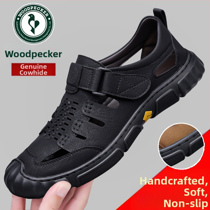 Harkály szandál férfi nyári új valódi bőr üreges lyukú cipő férfi szabadtéri alkalmi bőr cipő puha talpú férfi cipők