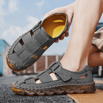 Határokon átnyúló, nagy méretű, kézzel varrott, lélegző, hálós, valódi bőr orrmerevítős férfi szandál, divatos, nyárias