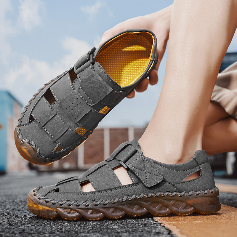 Határokon átnyúló, nagy méretű, kézzel varrott, lélegző, hálós, valódi bőr orrmerevítős férfi szandál, divatos, nyárias