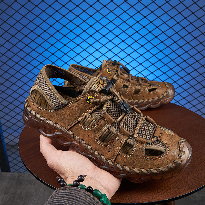 Piiriülesed pluss-suuruses õuesandaalid suvised hingavast võrgust rannajalatsid meeste vabaajajalatsid Traceway kingad käsitsi õmmeldud kingad