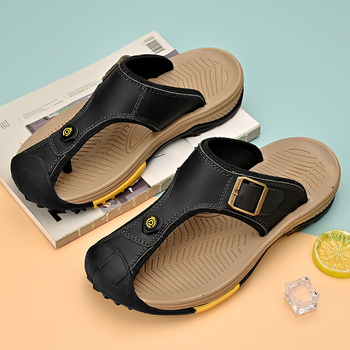 [raktáron] első réteg marhabőr külkereskedelmi férfi papucs férfi outdoor ruházat nyári plus size baotou flip-flopok outdoor homokszínű