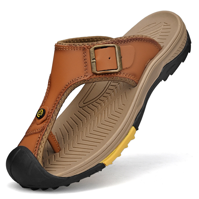 [raktáron] első réteg marhabőr külkereskedelmi férfi papucs férfi outdoor ruházat nyári plus size baotou flip-flopok outdoor homokszínű