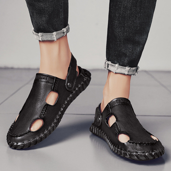 Nyári meleg 2024 új, határokon átnyúló koreai lezser plus size bőr szandál, kézzel varrott aljú, lusta strandcipő